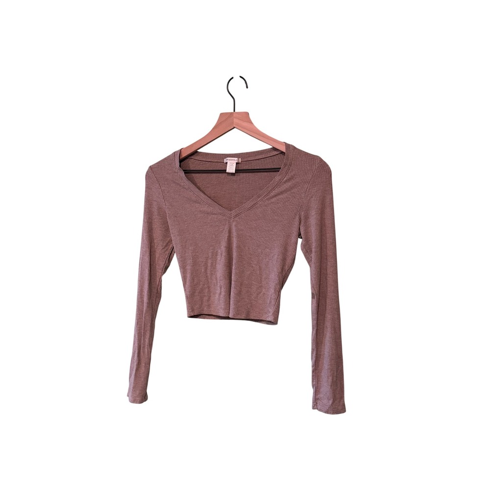 Bozzolo Womens‎ Ribbed V-Neck Long Sleeve Crop Top Taupe Mauve Medium HT12687